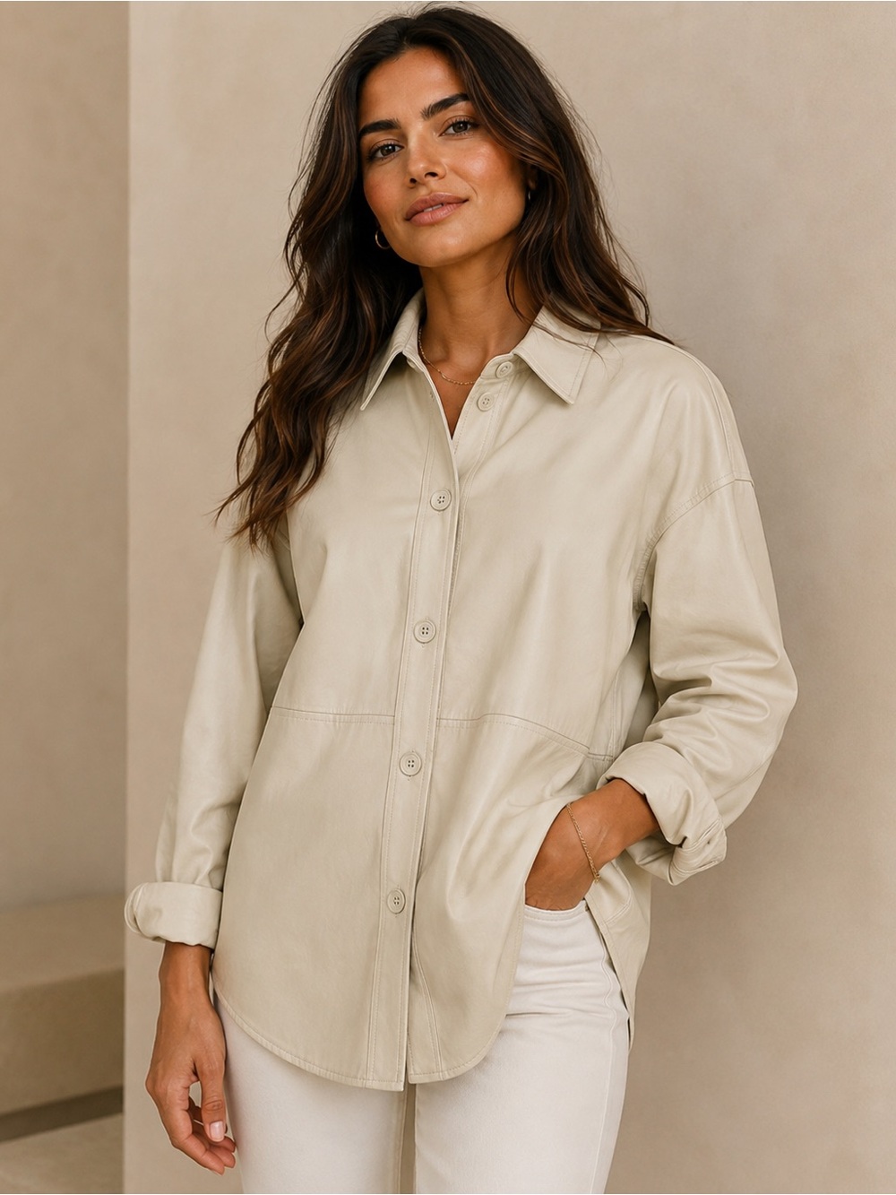 Grace & Karma Ivory Faux Leather Shacket Shirt Jacket